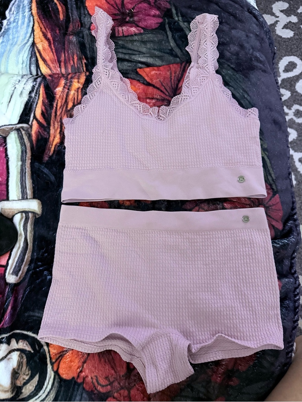 “Lucky Brand”Waffle Knit Lace-Trim Bralette & High-Waist Shorts Set - lilac NWOT